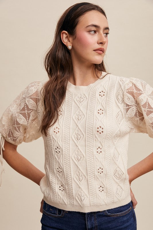 Cream Lace Puff Sleeve Sweater