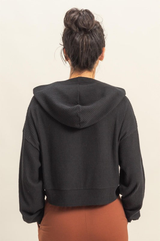 Relaxed Fit Ribbed Crop Hoodie - Black
