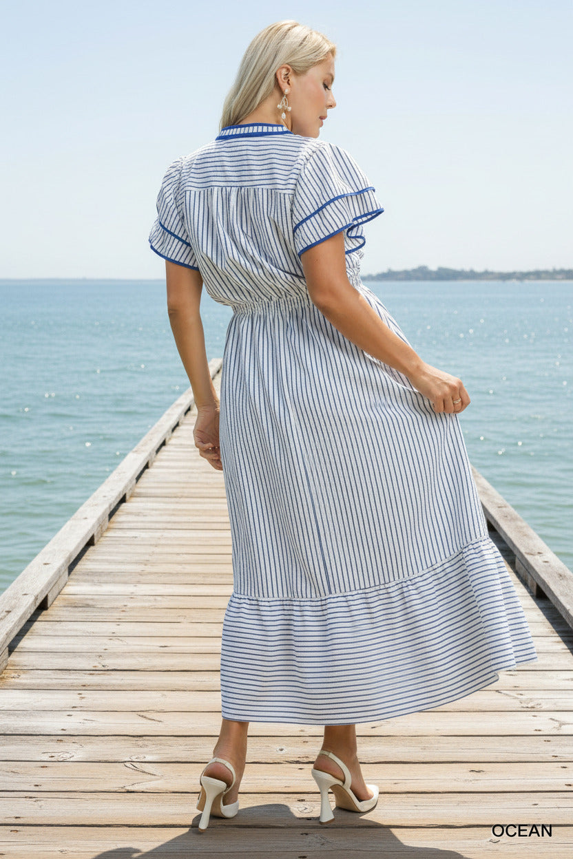 Plus Striped Flutter Sleeve Midi