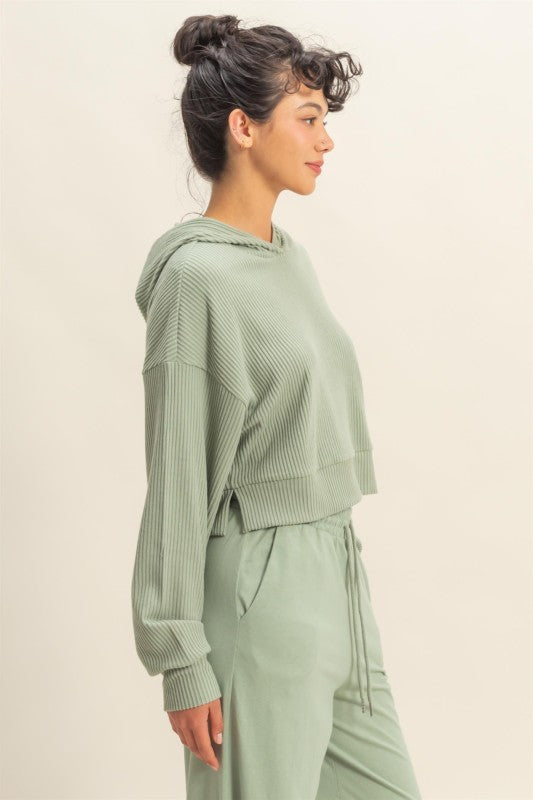 Relaxed Fit Ribbed Crop Hoodie - Sage Green