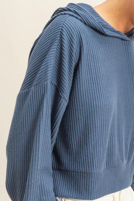 Relaxed Fit Ribbed Crop Hoodie - Dusty Navy