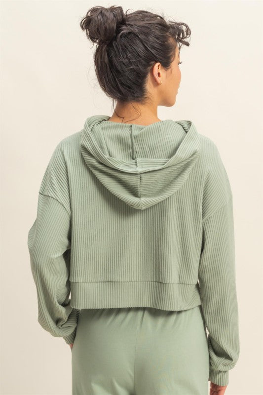 Relaxed Fit Ribbed Crop Hoodie  -  Sage Green