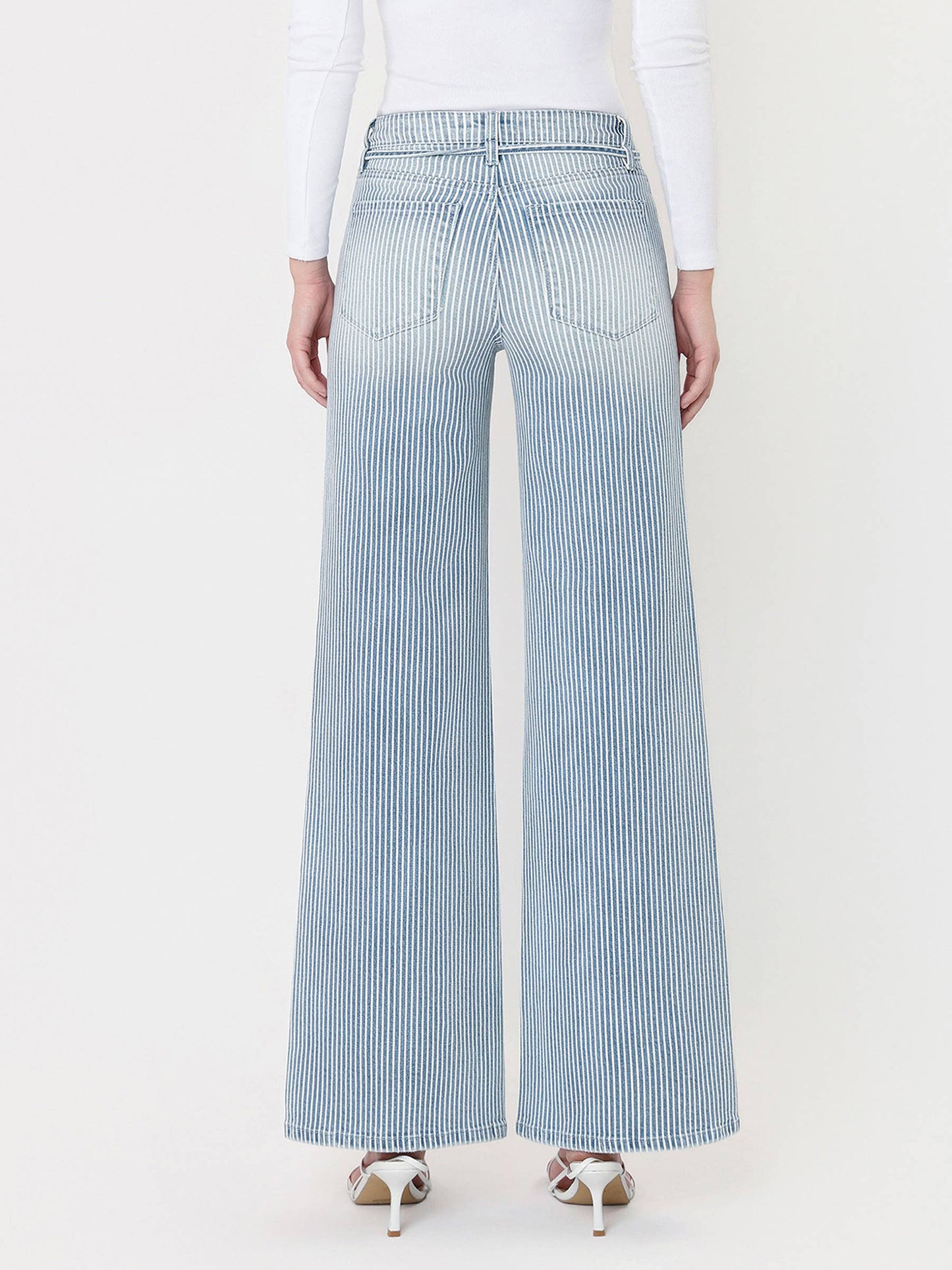 HIGH RISE WAIST TIE STRIPED WIDE LEG JEANS V3838STR