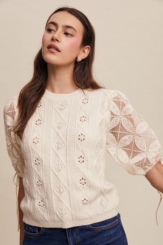 Cream Lace Puff Sleeve Sweater