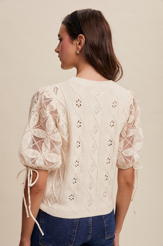 Cream Lace Puff Sleeve Sweater