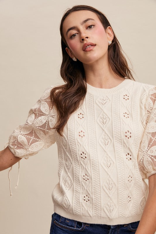 Cream Lace Puff Sleeve Sweater