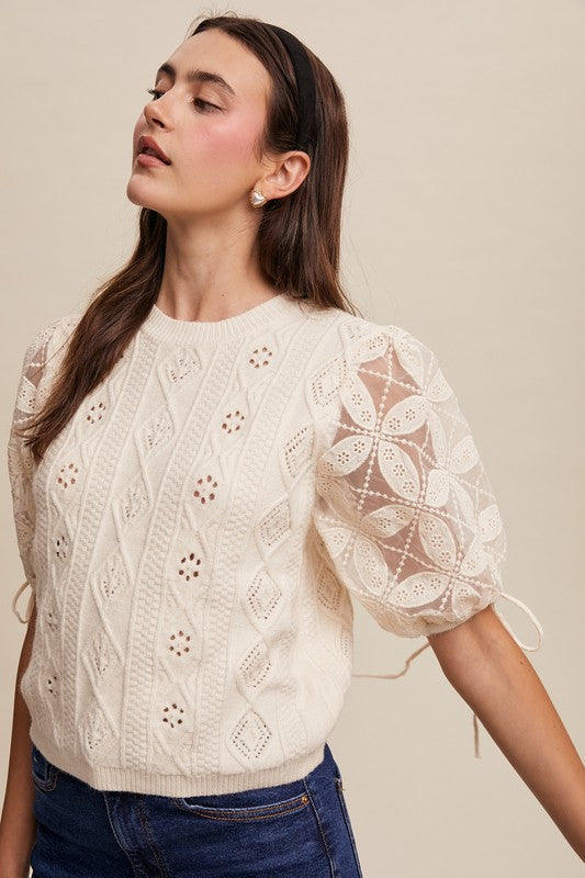 Cream Lace Puff Sleeve Sweater