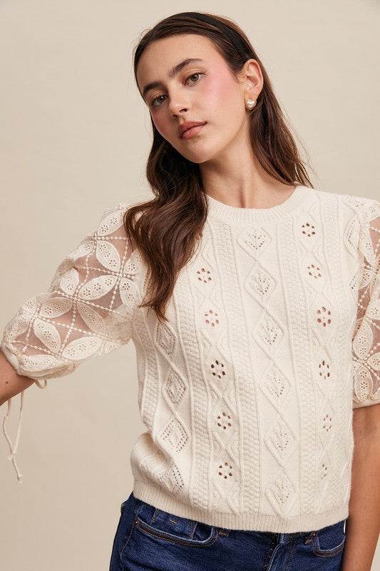 Cream Lace Puff Sleeve Sweater