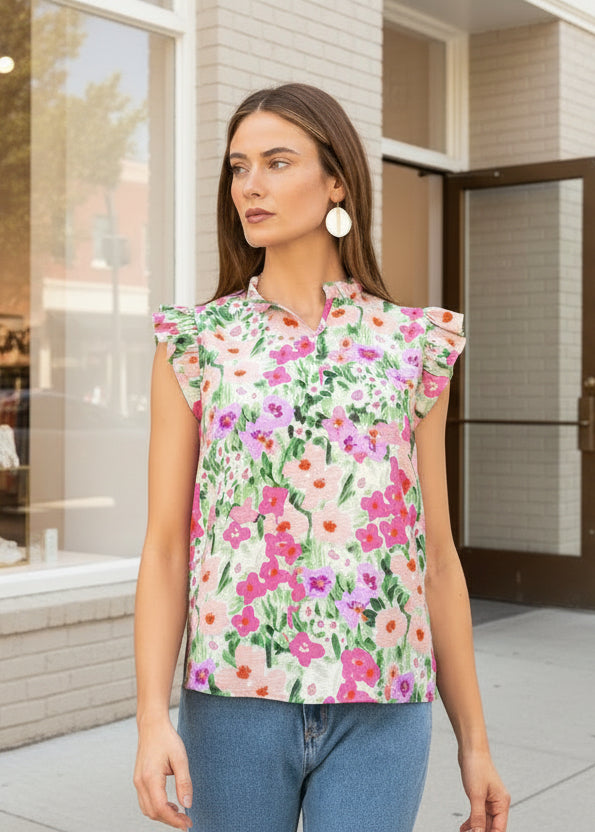 Ruffle Trim Floral Top