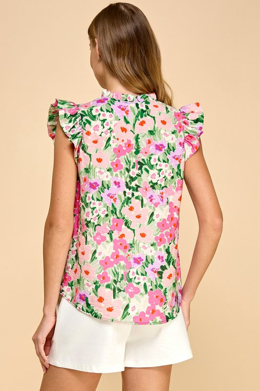 Ruffle Trim Floral Top