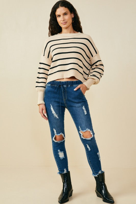 Striped Drop Sleeve Sweater - Beige