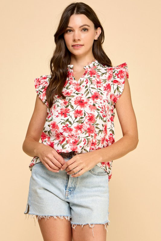 Ruffle Trim Red Flower Print Top