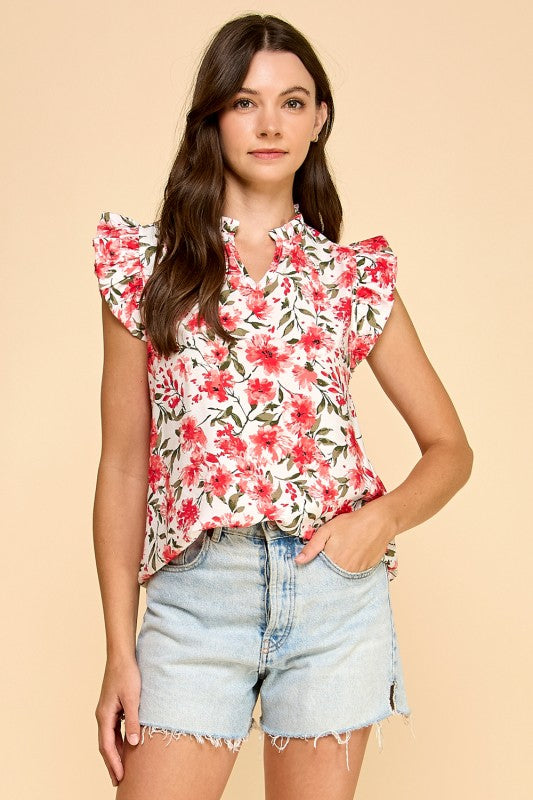 Ruffle Trim Red Flower Print Top