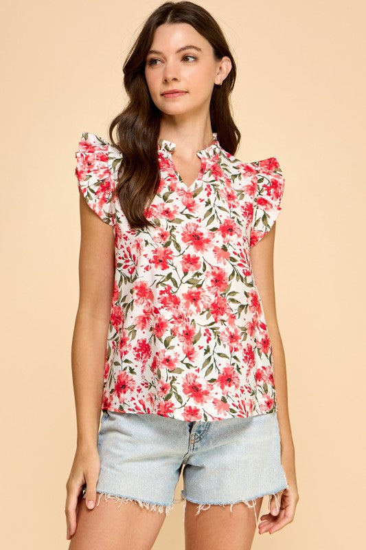 Ruffle Trim Red Flower Print Top