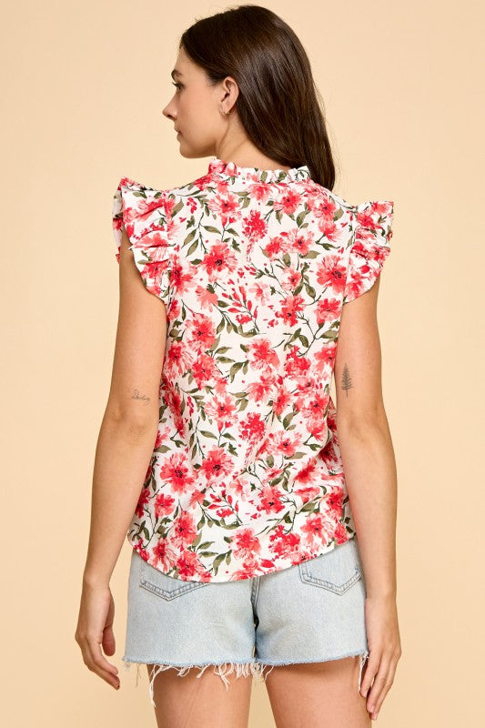 Ruffle Trim Red Flower Print Top