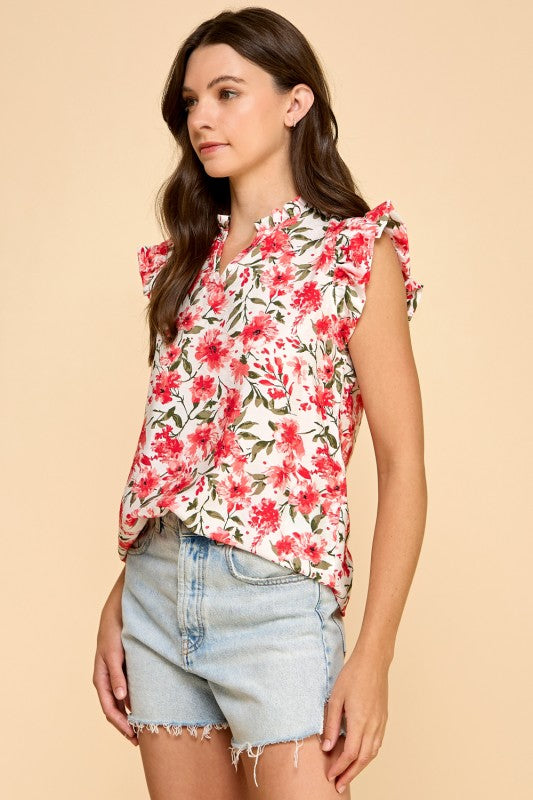 Ruffle Trim Red Flower Print Top