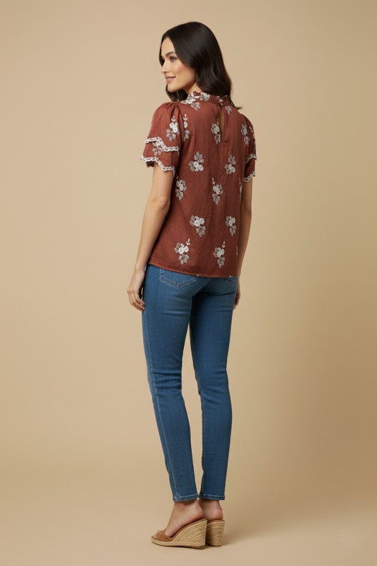 Embroidered Scallop Sleeve Top