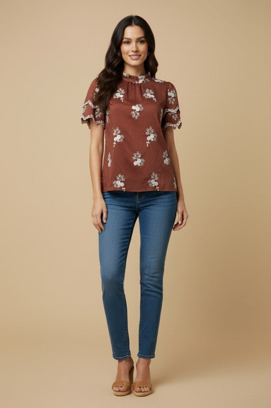 Embroidered Scallop Sleeve Top