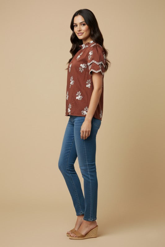 Embroidered Scallop Sleeve Top
