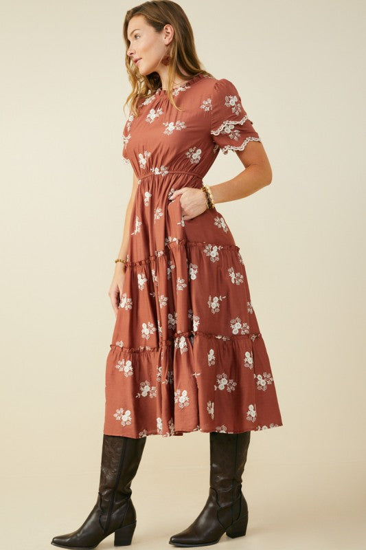 Embroidered Scallop Sleeve Maxi Dress