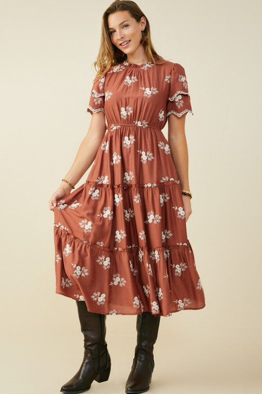 Embroidered Scallop Sleeve Maxi Dress