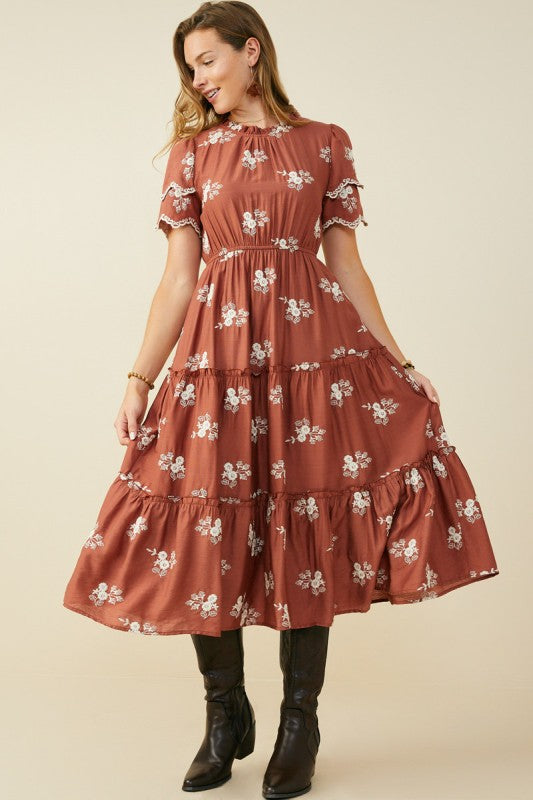 Embroidered Scallop Sleeve Maxi Dress