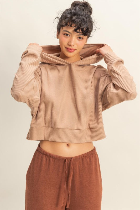 Relaxed Fit Ribbed Crop Hoodie  -  Dark Taupe