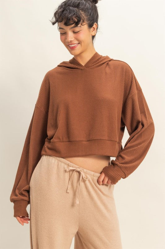 Relaxed Fit Ribbed Crop Hoodie  -  Chestnut