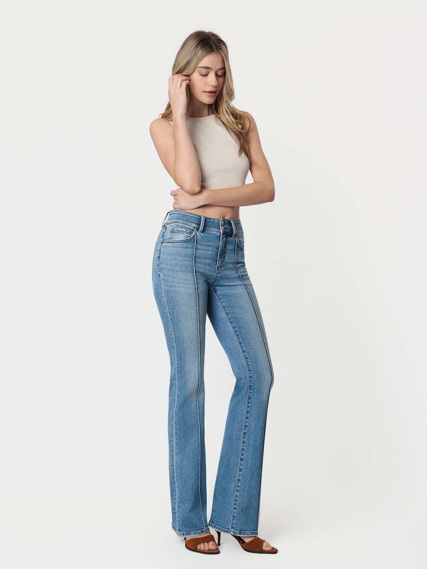 HIGH RISE 2 BUTTONS CLOSURE PINTUCK BOOTCUT JEANS T7460