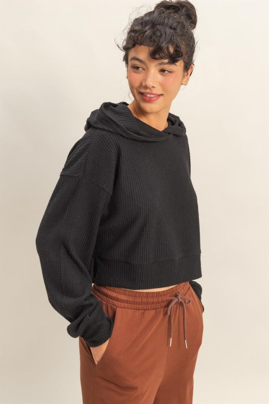 Relaxed Fit Ribbed Crop Hoodie  -  Black