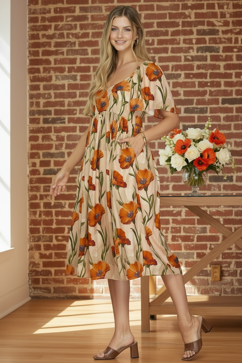 Orange Poppy Midi Dress