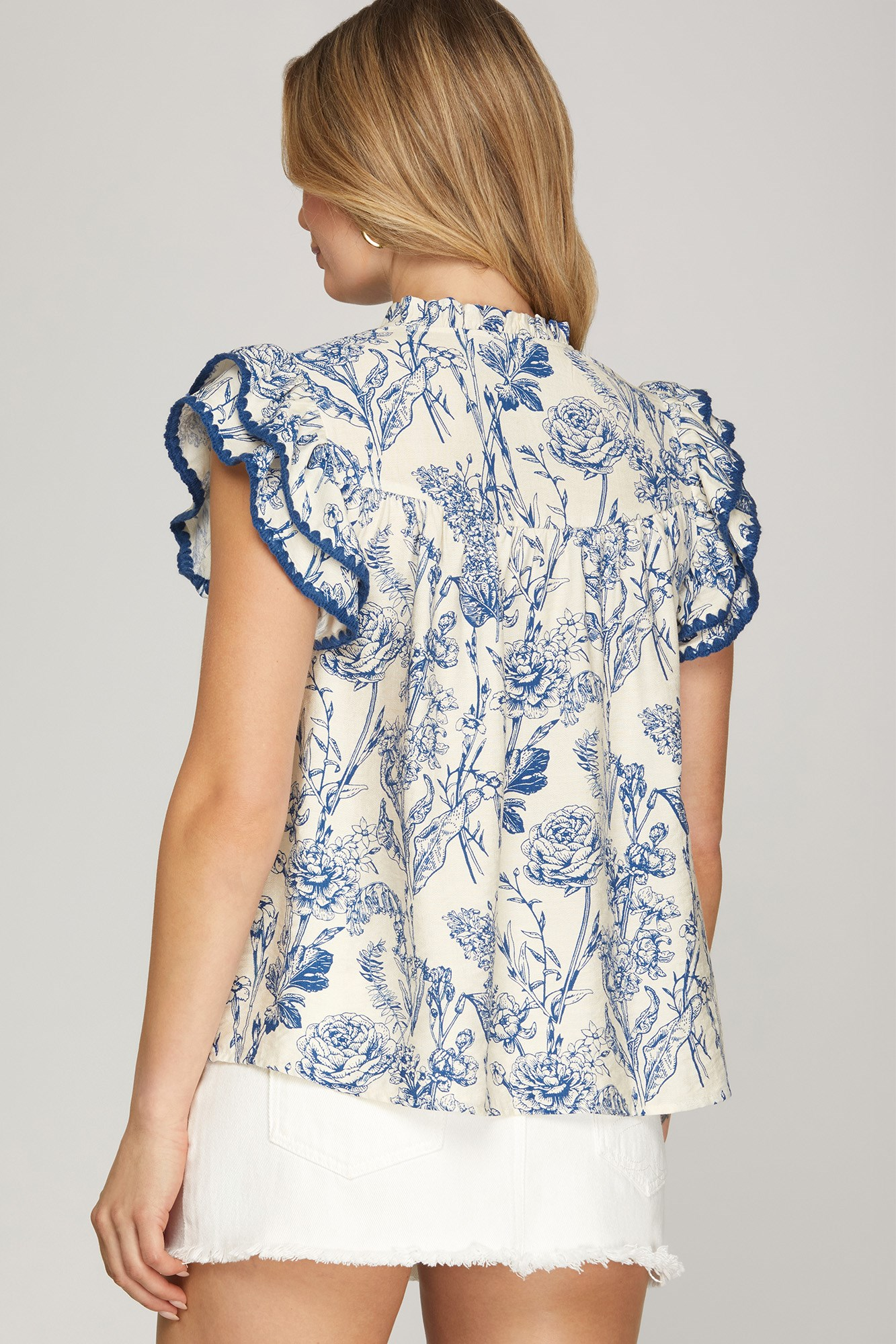 Blue Rosey Ruffle Sleeve Top