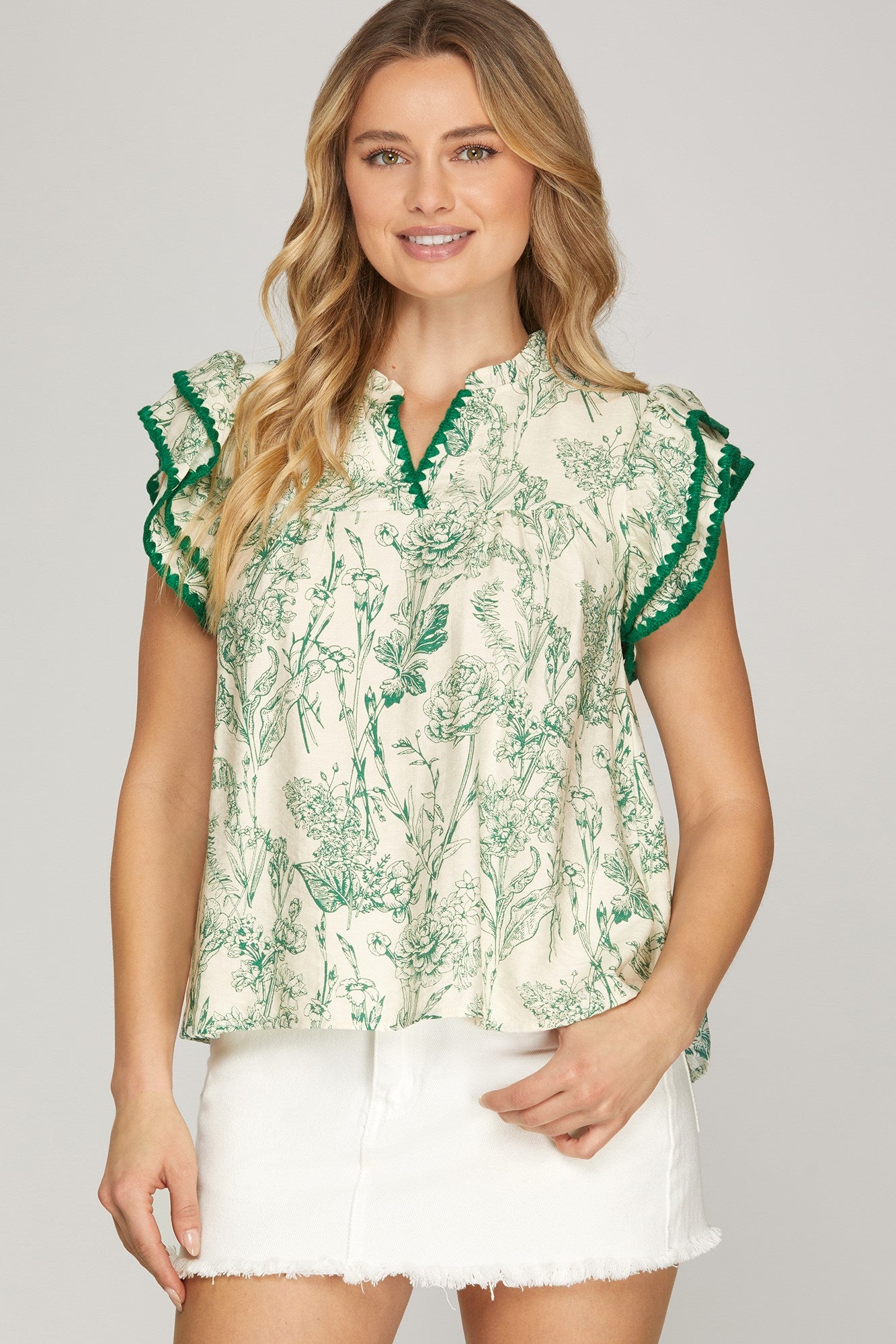 Green Rosey Ruffle Sleeve Top