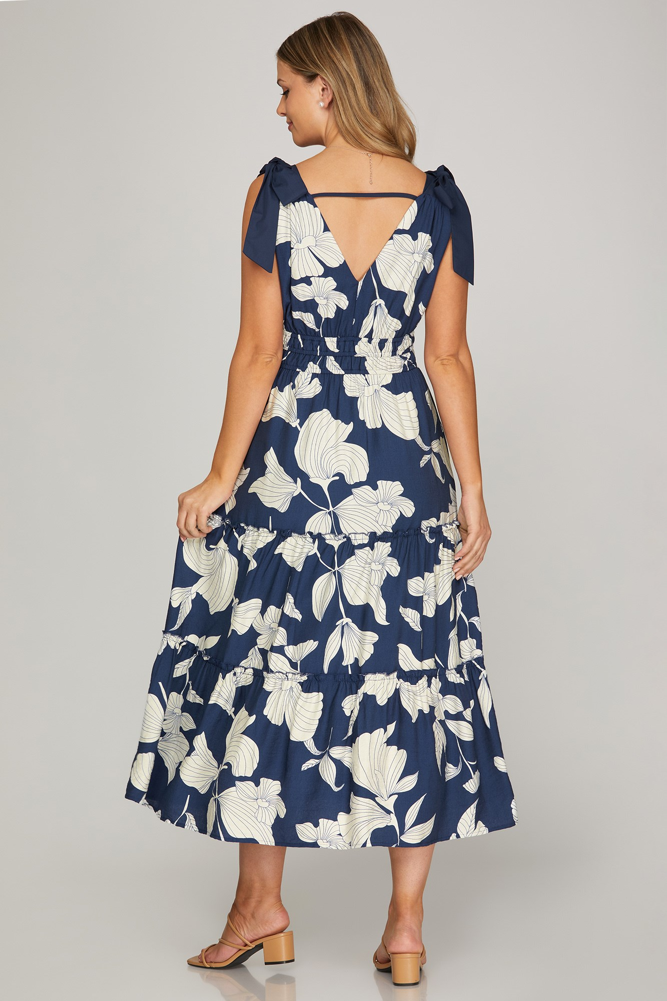 Navy Linear Flower Print Dress