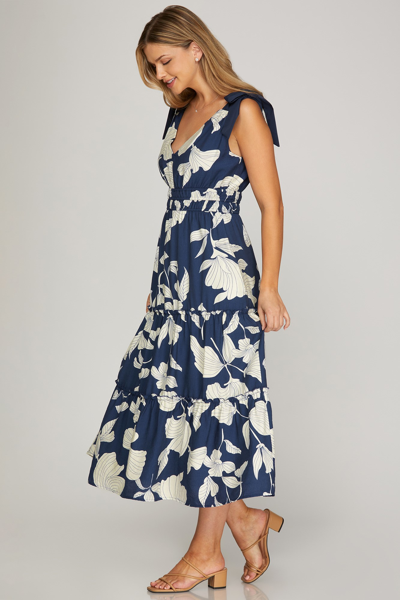 Navy Linear Flower Print Dress