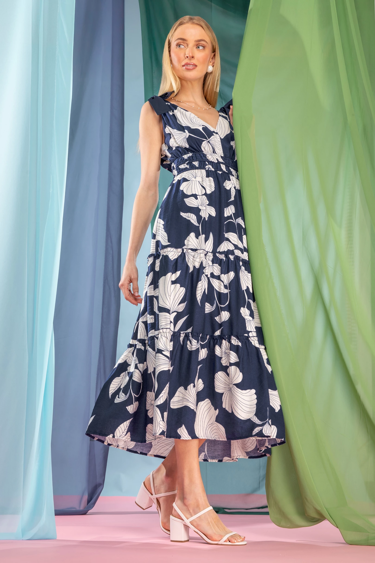 Navy Linear Flower Print Dress