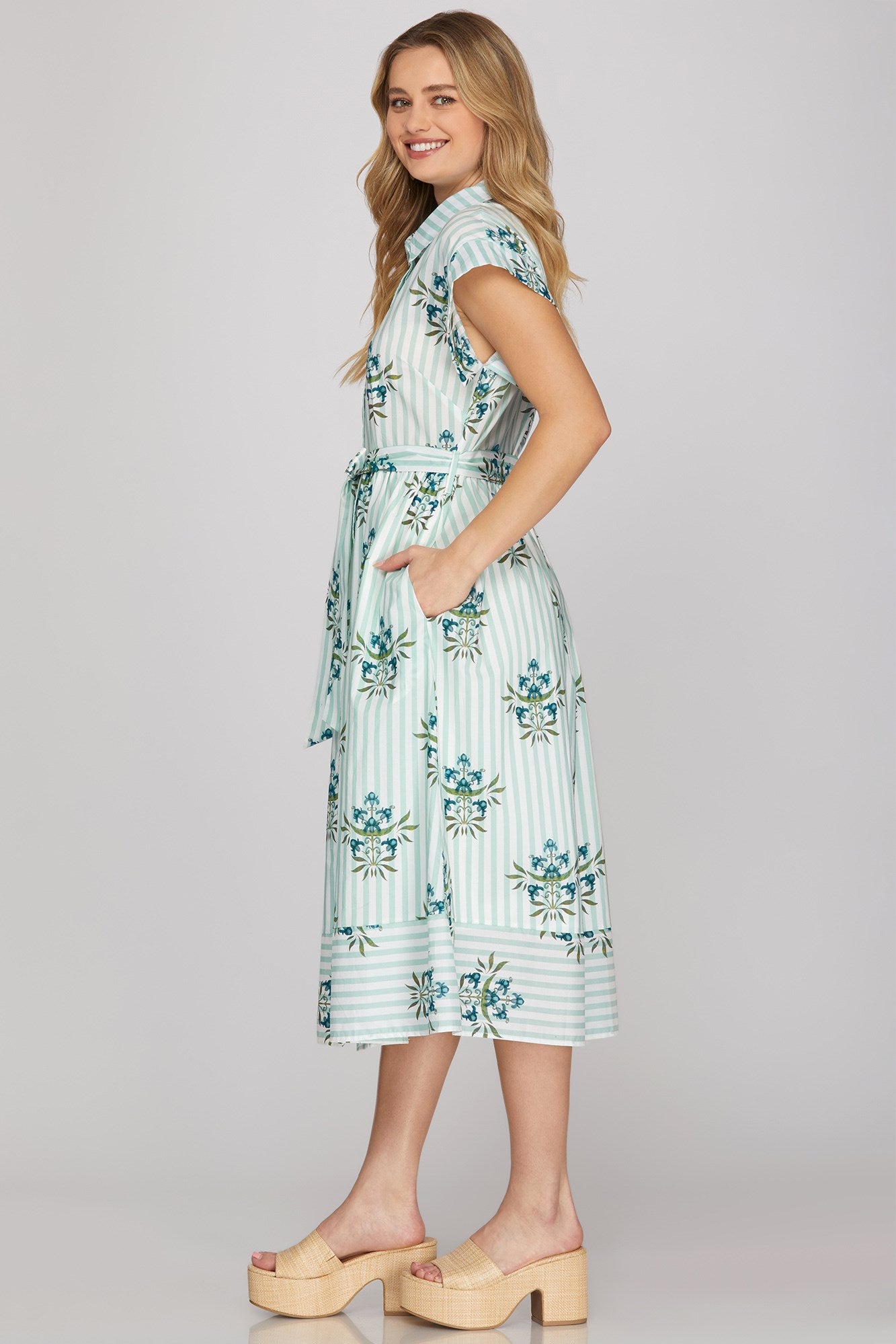 Drop Shoulder Striped Button Up Midi