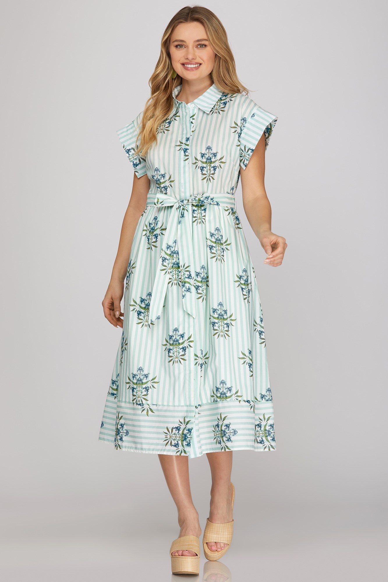 Drop Shoulder Striped Button Up Midi