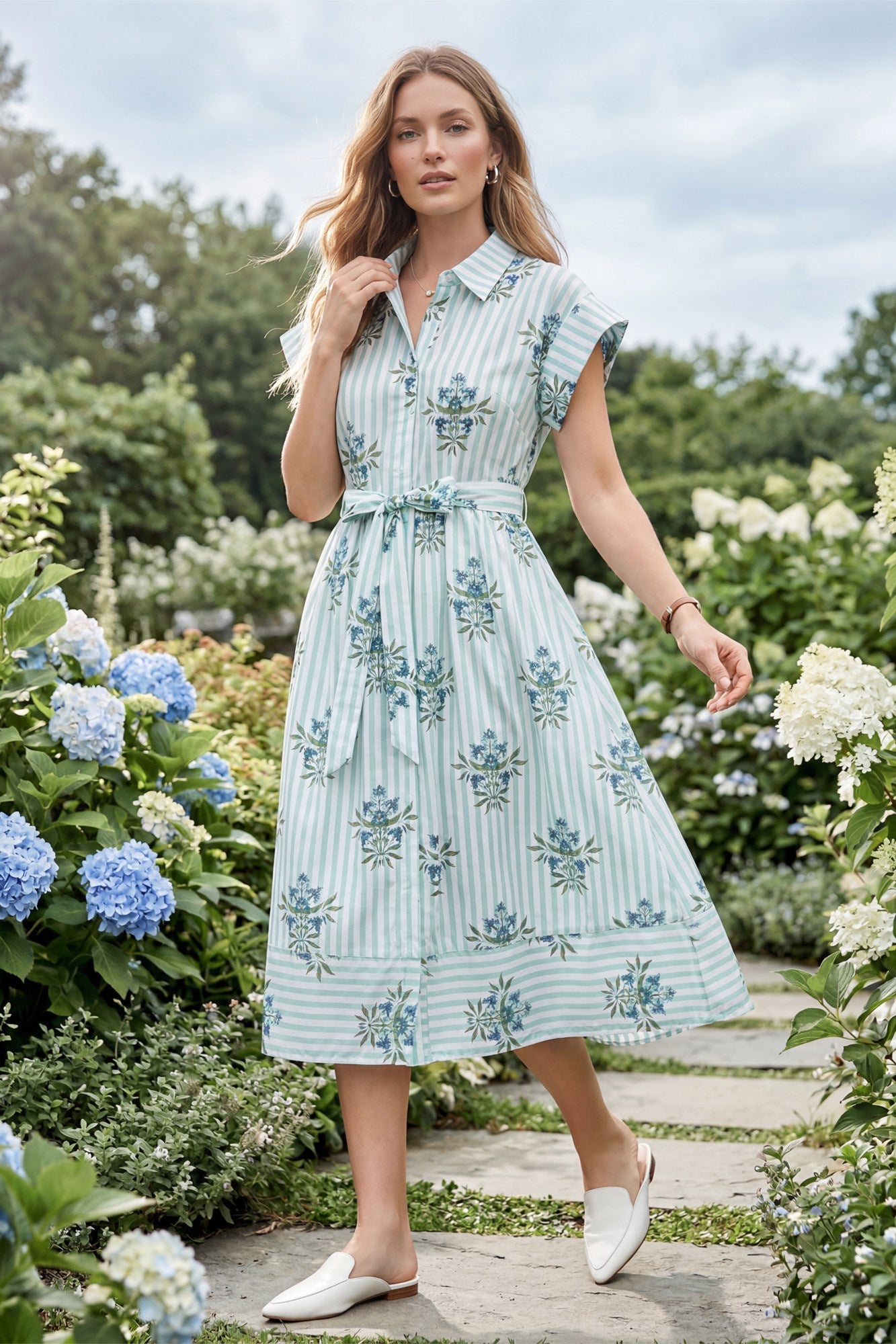 Drop Shoulder Striped Button Up Midi