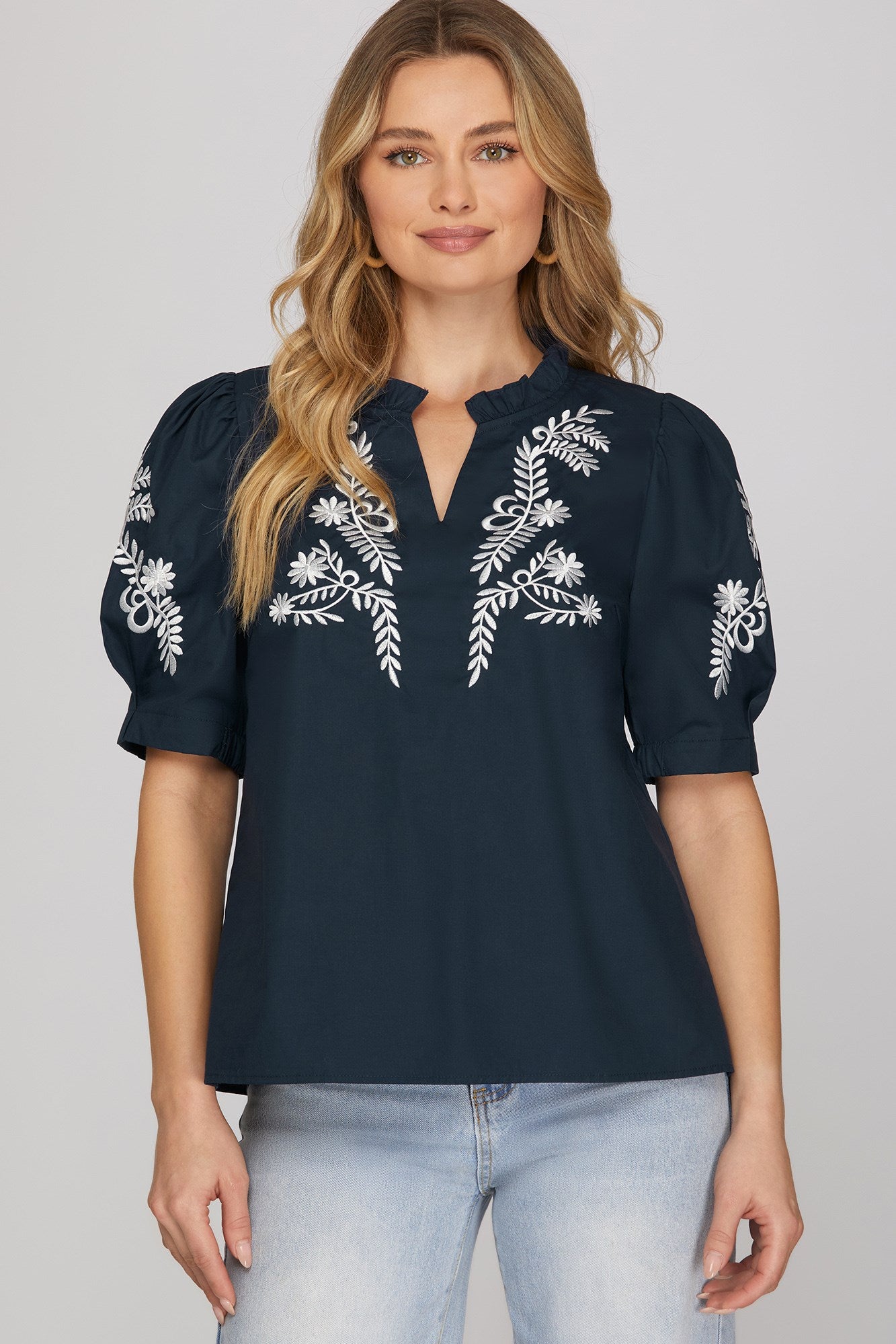 Navy Embroidered Top
