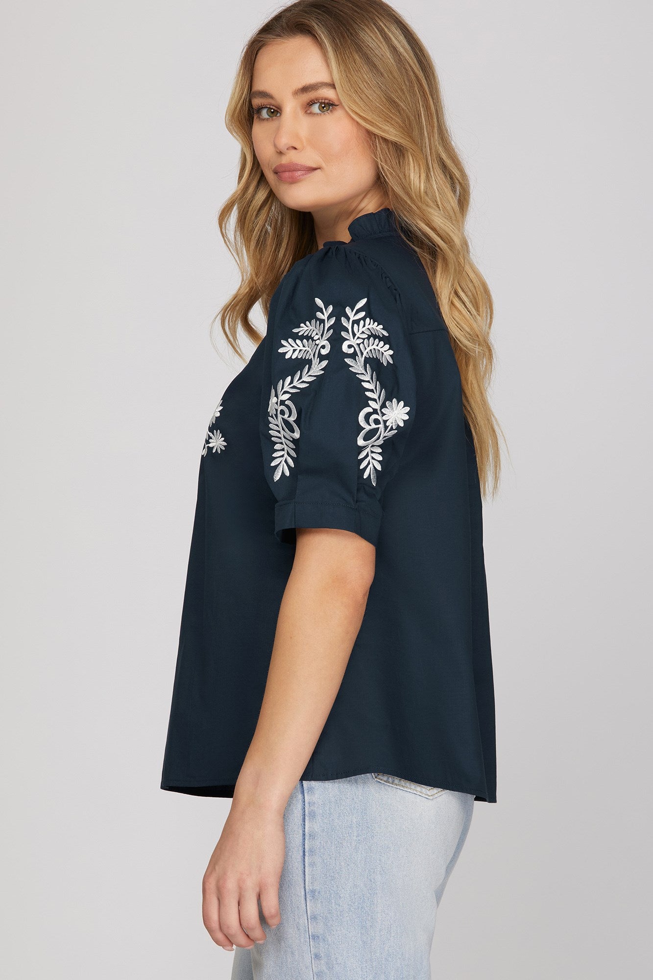 Navy Embroidered Top