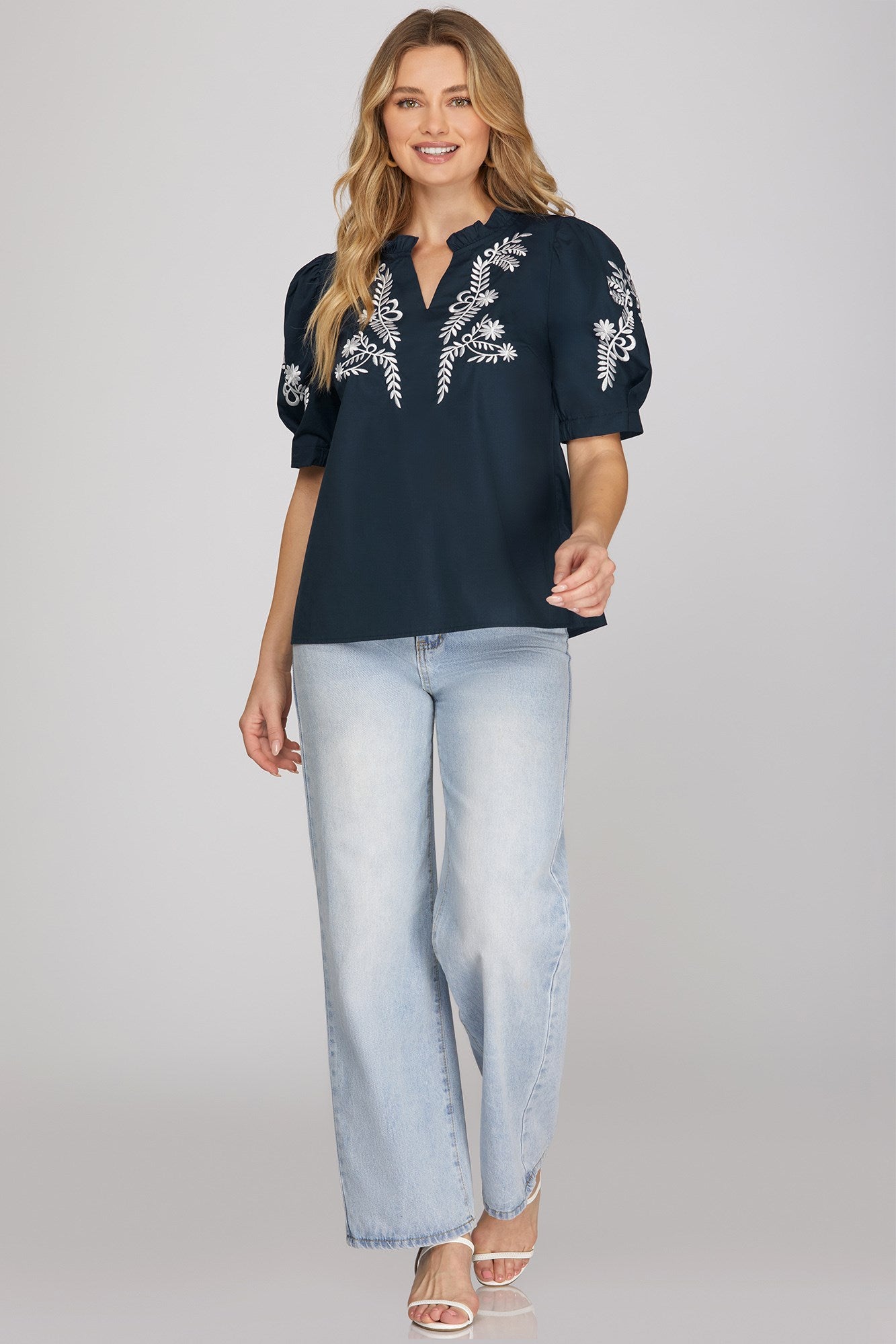 Navy Embroidered Top