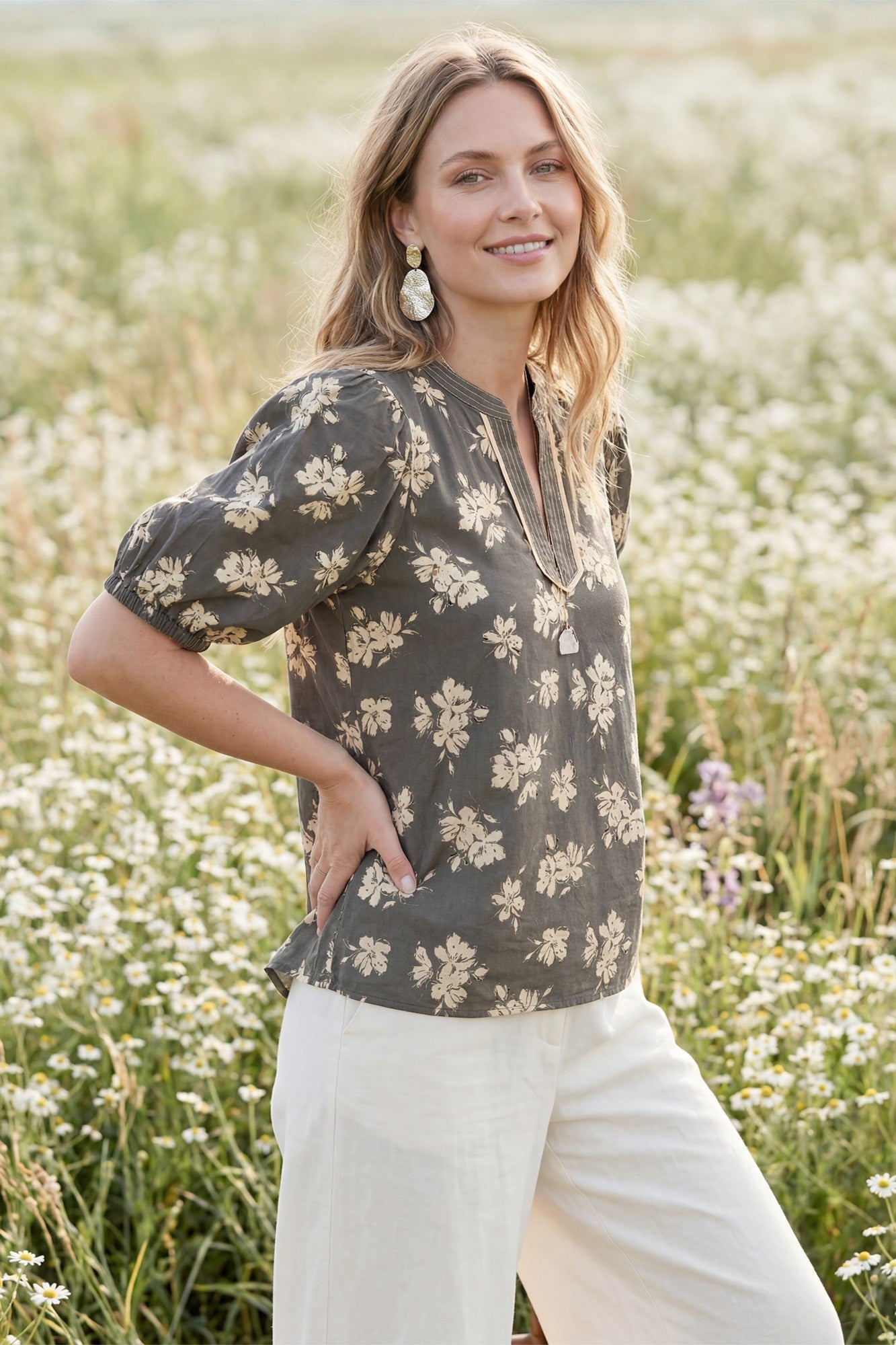 Grey Flower Top with Contrast Hem