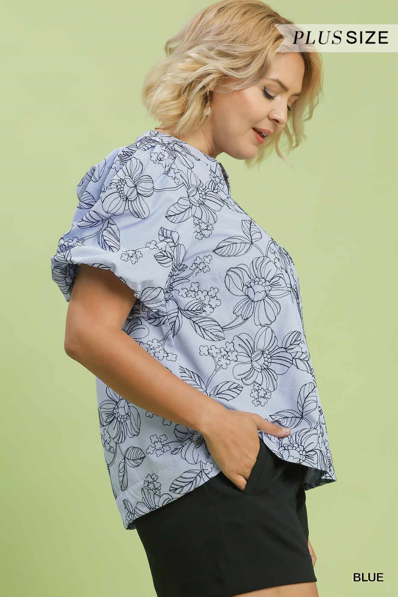 Blue on Blue Outline Floral Top Plus