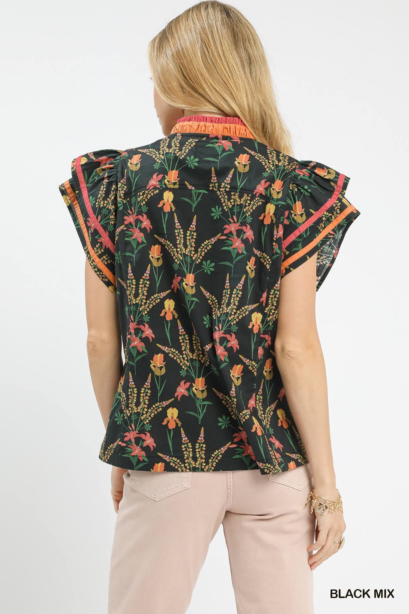Butterfly Sleeve Top with Contrast Piping