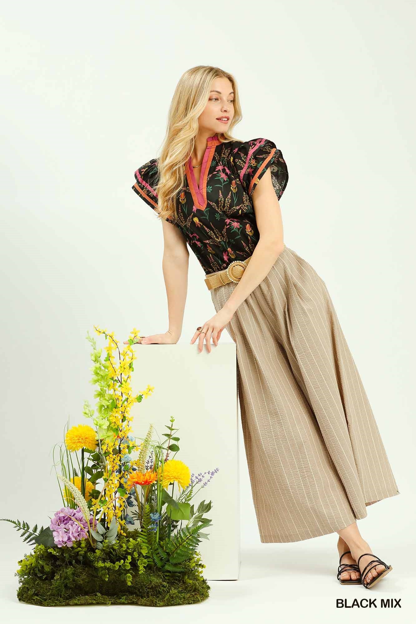 Butterfly Sleeve Top with Contrast Piping