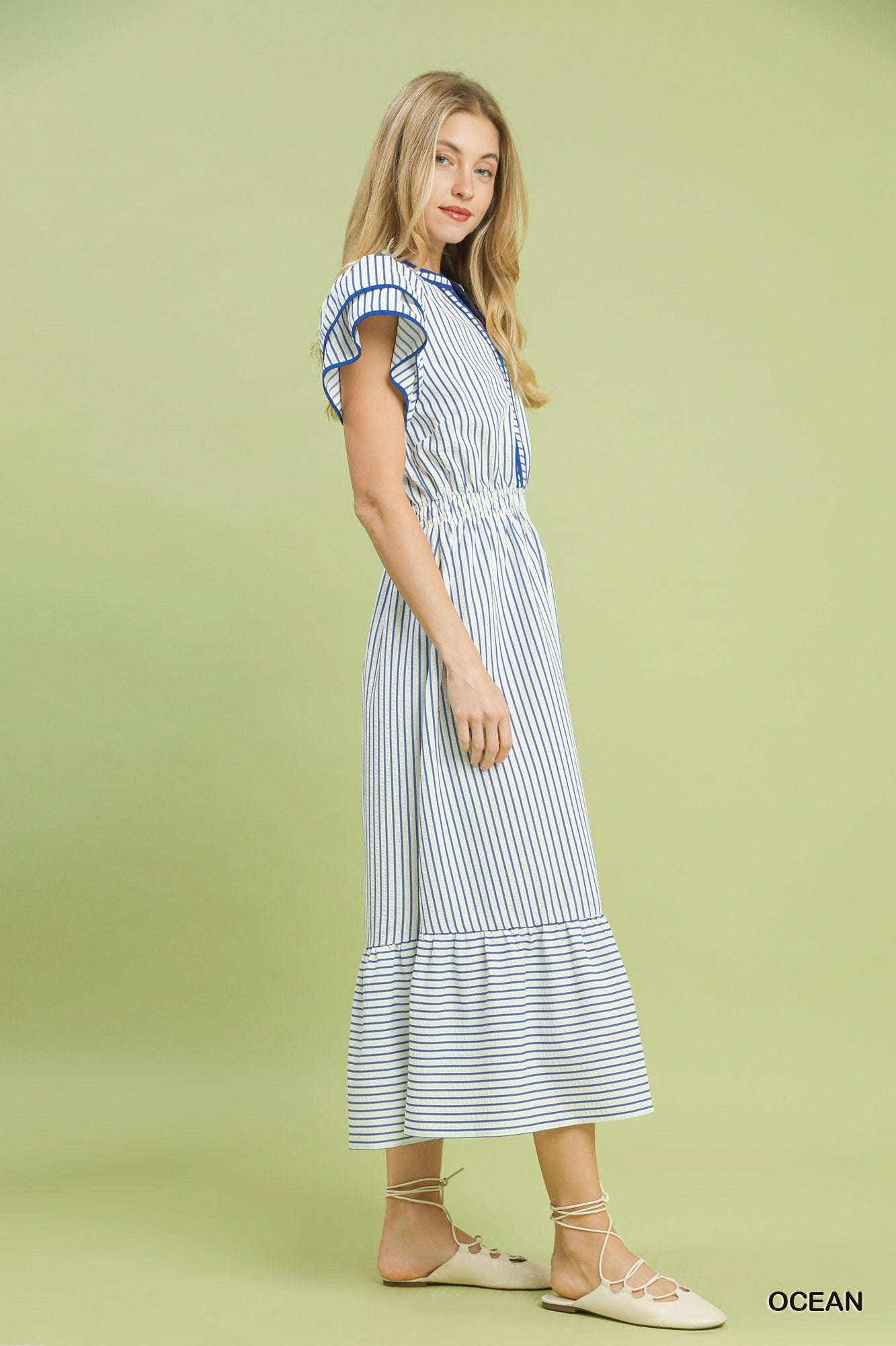 Striped Flutter Sleeve Midi