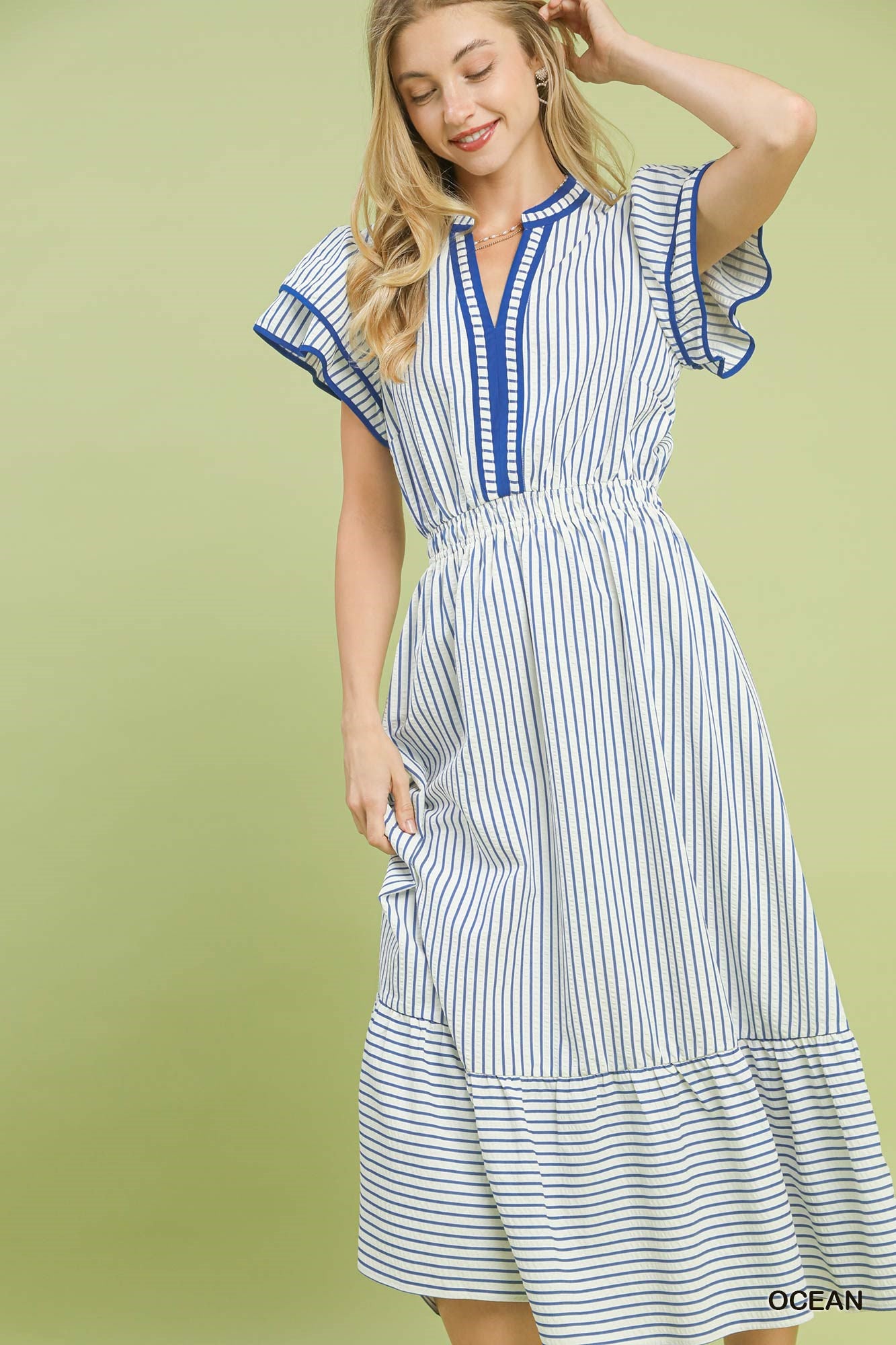 Striped Flutter Sleeve Midi