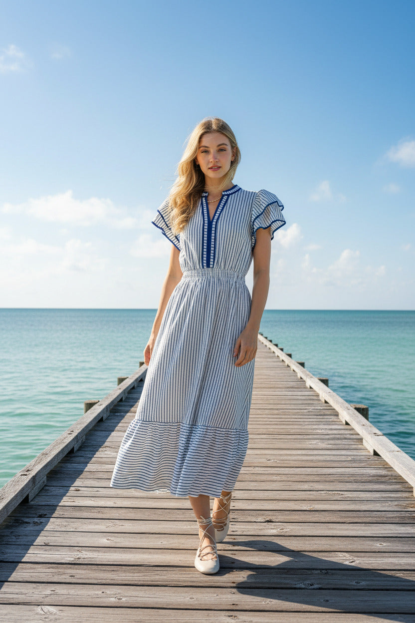 Striped Flutter Sleeve Midi