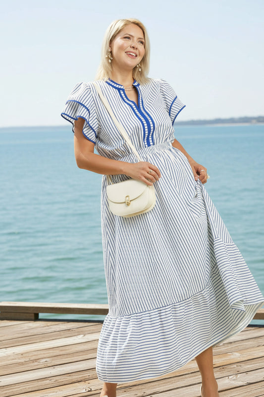 Plus Striped Flutter Sleeve Midi